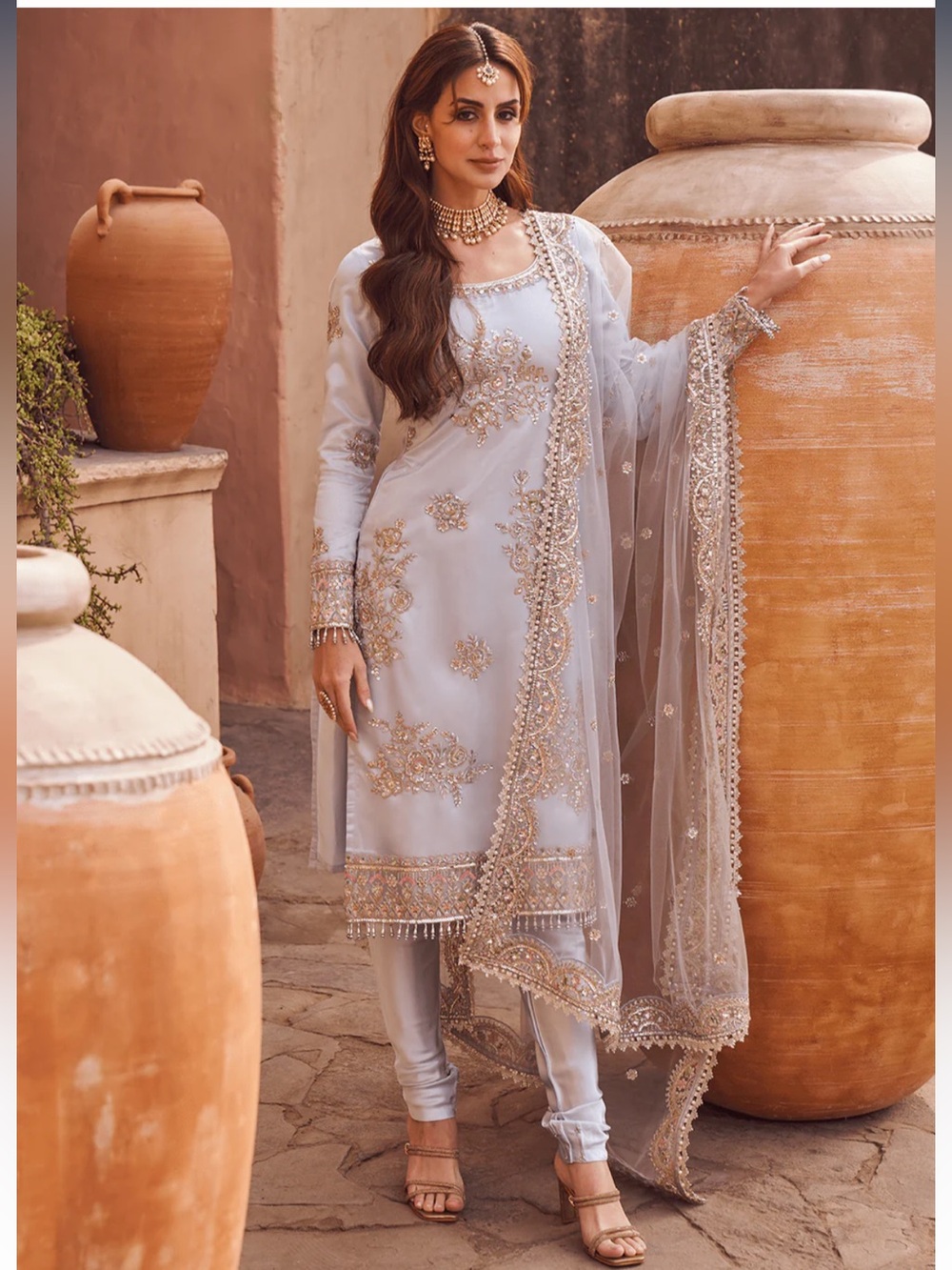 Light Blue Embroidered Salwar Kameez with Gold Detailing
